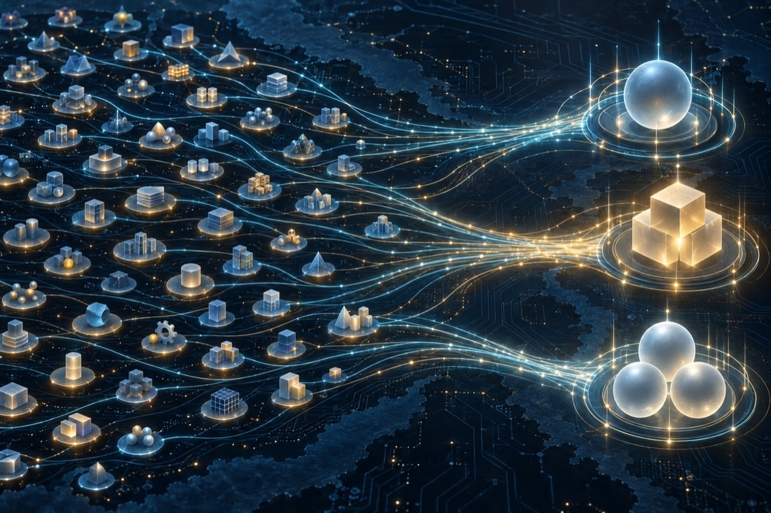 Abstract engineering nodes converging into several larger constellations
