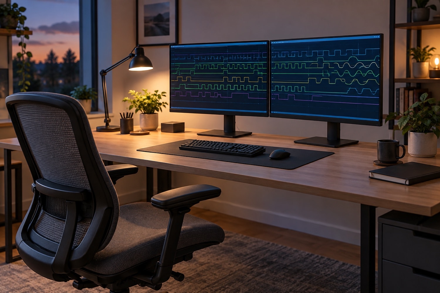 Empty ergonomic dual-monitor workstation with abstract waveforms on the displays