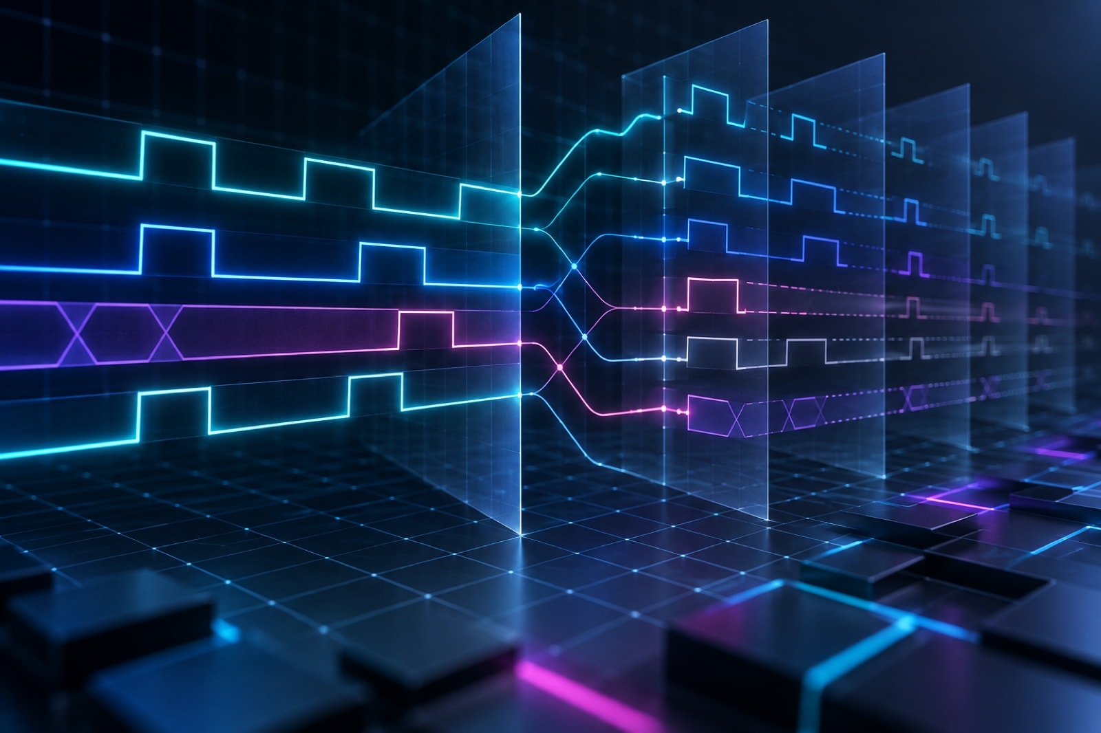 Layered digital pulse traces moving across a dark technical grid