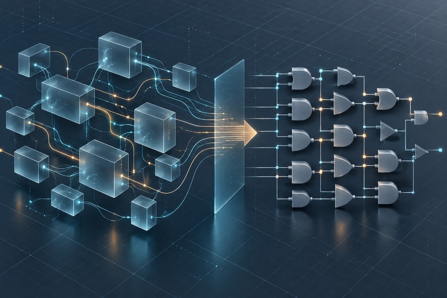 Abstract engineering blocks resolving into a precise gate lattice