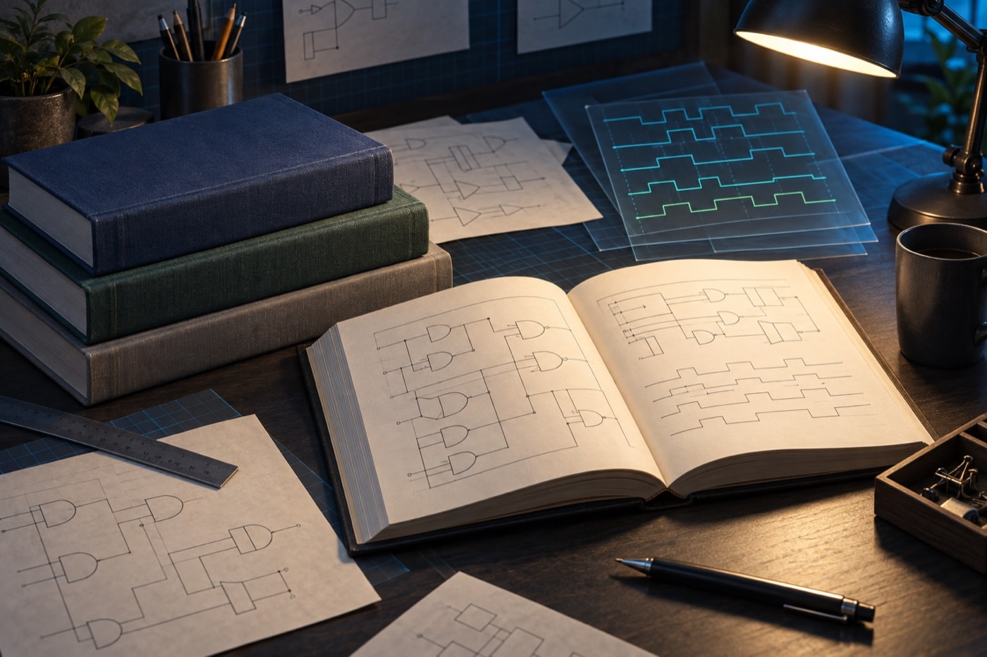Abstract technical books and unmarked engineering sheets arranged on a drafting surface